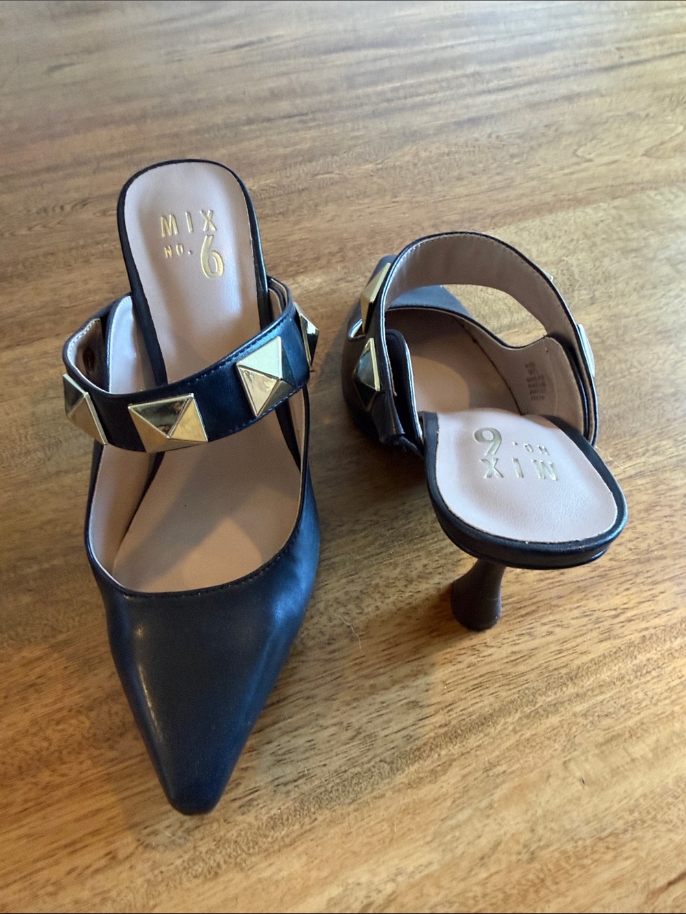 Mix No. 6 Black Pointed-Toe Mules with Gold Pyramid Studs